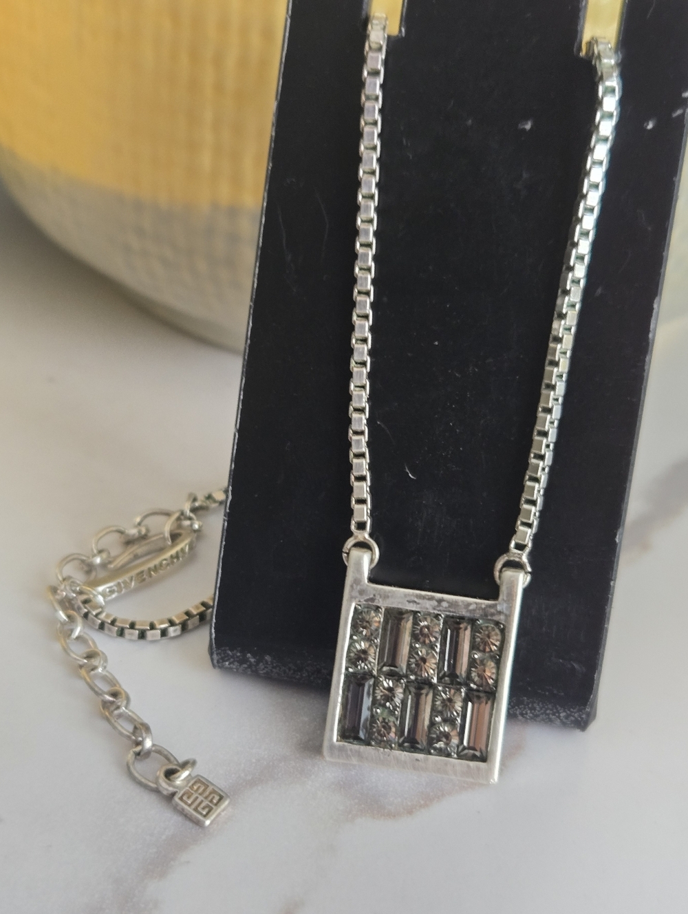GUC Vintage Givenchy Silver Tone Logo & Black Crystals Chain Pendant Necklace
